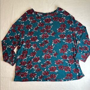 Evans Women's Green Teal Red Floral Crewneck 3/4 Sleeve Top Size 16 NWT